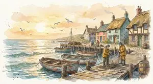Watercolor Illustration of a Cozy Seaside Harbor Village