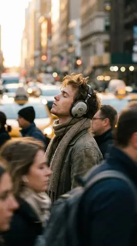 Introspective Man in Motion-Blurred City Crowd