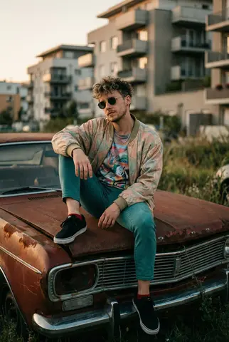Human Sitting Casually on the Hood of an Abandoned Car, One Leg