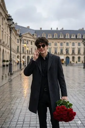Cinematic Scene of a Man with Roses on a Wet City Street