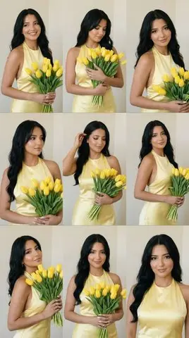 9-Panel Editorial Grid Prompt for Yellow Satin Halter Dress