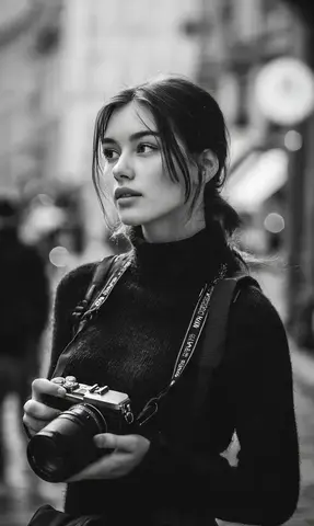 A cinematic black-and-white street portrait of a young woman