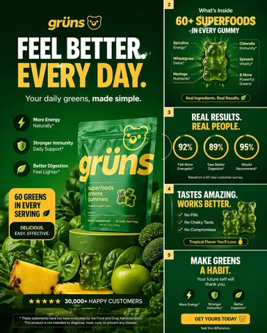 high-converting carousel image for Grüns (greens gummies)