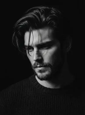 Black and White Pensive Portrait with Single Light Beam