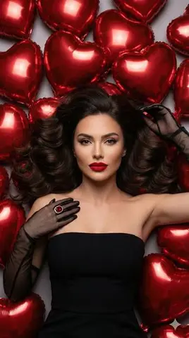 Glamorous Red Heart Balloon Studio Portrait Prompt