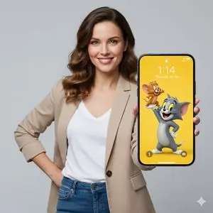 3D Tom and Jerry Wallpaper with Businesswoman Ad