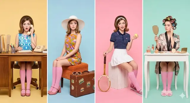 A retro-inspired studio photoshoot featuring a young woman styled