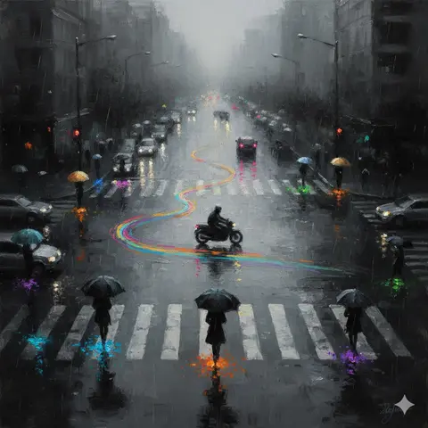 A high-angle, wide-composition Impressionist oil painting of a rainy