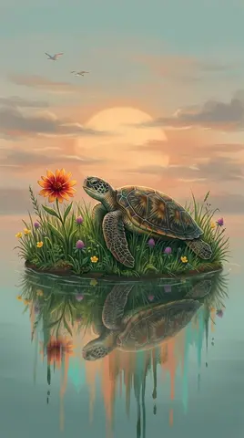 A digital fantasy illustration of a small turtle resting