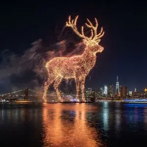 Santa Claus Fireworks over City Skyline