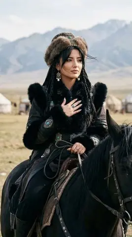Cinematic Portrait of Old Turkic Noblewoman on Black Horse (Image-to-Image)