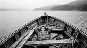 Black and White Documentary Photo of Child in Boat