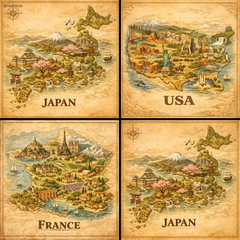 A hand-painted isometric bird’s-eye view illustration of [COUNTRY] in