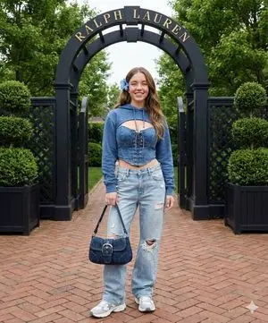 Y2K Denim-on-Denim Fashion Shot in Garden Setting