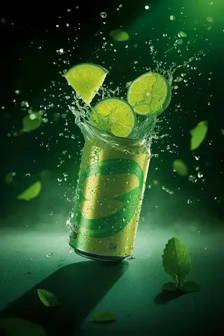 Ultra-cinematic beverage advertising shot of a sparkling lime soda
