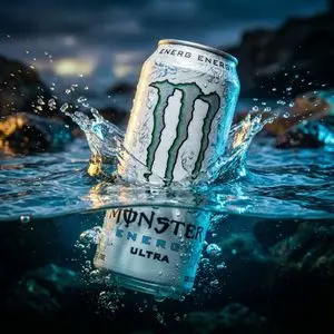 Product Ad: White Monster Energy Can Submerged in Water