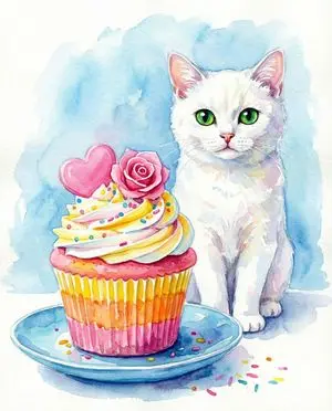 Watercolor Cat and Valentine's Cupcake