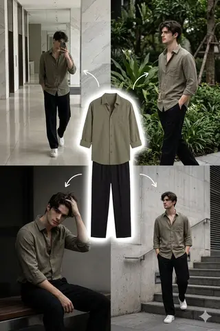 A stylish young man with medium-length wavy dark hair
