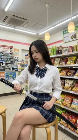 Japanese Konbini Portrait with Katana