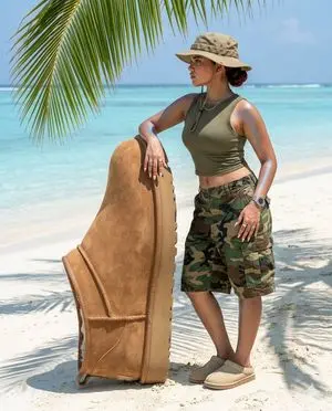 Surreal beach giant boot sculpture