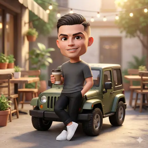 A cute 3D chibi-style character leaning against a parked