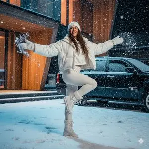 Cinematic Fashion Photo of a Woman Dancing in Heavy Snowfall