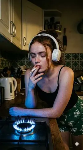 Moody Cinematic Portraits in a Kitchen with Neon Gas Stove Glow