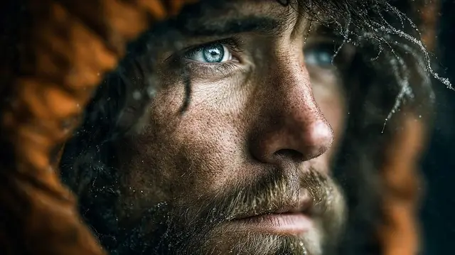 "Objective": "Create an intense cinematic close-up portrait conveying survival