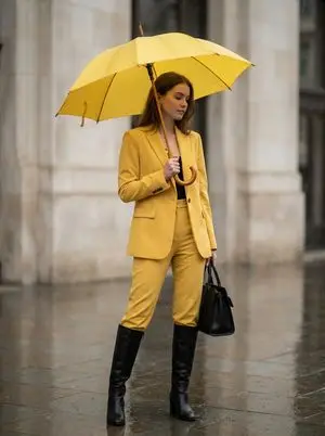 Rainy Day Yellow Power Suit Editorial Prompt