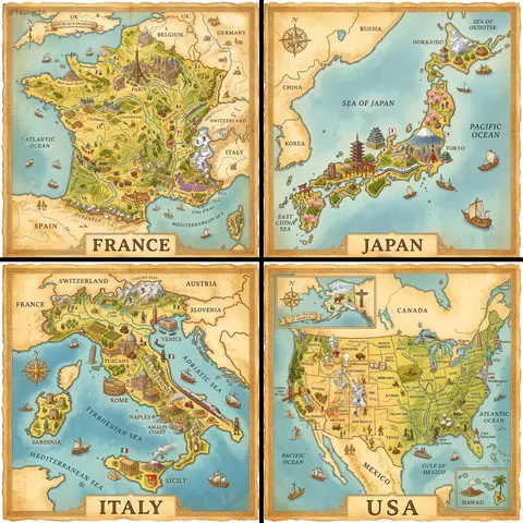 A hand-painted isometric bird’s-eye view illustration of [COUNTRY] in