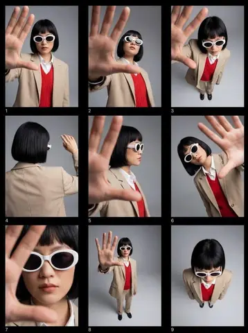 Editorial fashion contact sheet of a modern woman with