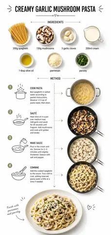 Create step-by-step recipe infographic for creamy garlic mushroom pasta
