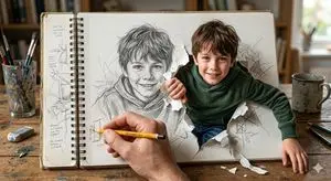 Cinematic 3D Illustration of a Boy Emerging from a Sketchbook