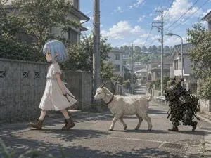 Elf Girl Walking Goat and Robot