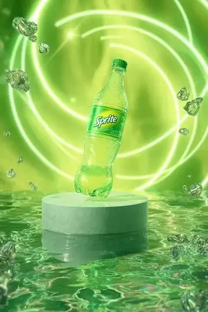 Neon Sprite Bottle Floating in Cosmic Petals
