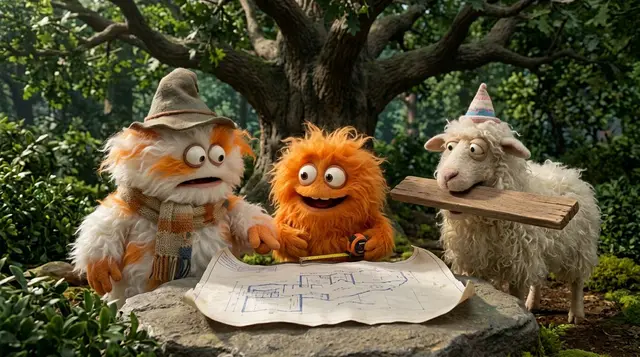 funny 4-part story featuring 3 fluffy creatures building a