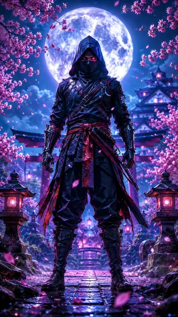 Ninja in Cherry Blossom Garden