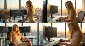 Four-Panel Collage of Trader in High-Rise Office