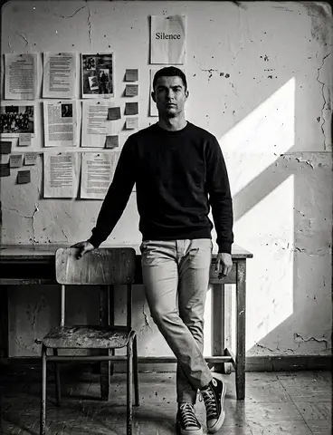 high-contrast black and white portrait in a quiet classroom