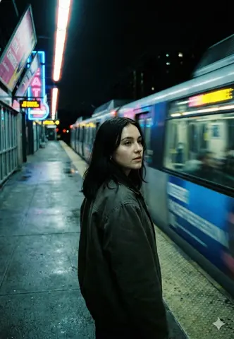 Young Woman Ultra Detailed, Cinematic Night Street Photograph with Motion Depth Standing