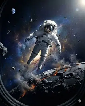 Astronaut Drifting Above Shattered Lunar Surface