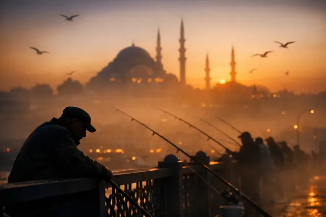 A cinematic silhouette shot of local fishermen lining the
