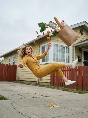 Young Woman Cinematic Realism, Surreal Moment Frozen in Time a Grocery Bag