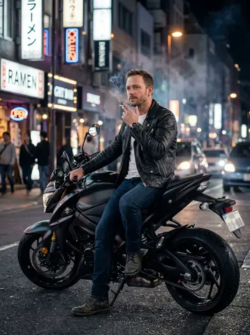 Adult Man Smoking a Cigarette While Sitting on a Motorbike Photorealistic Sitting