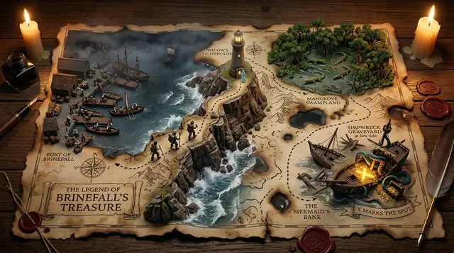 A hand-drawn treasure map on aged parchment, with the