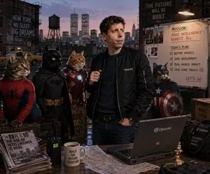 Retro Tech CEO with Superhero Cats