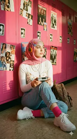 A cinematic, nostalgic portrait of a young hijab woman