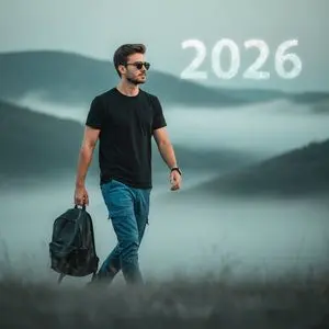 Stylish Person in Cargo Pants Against Ethereal Landscape