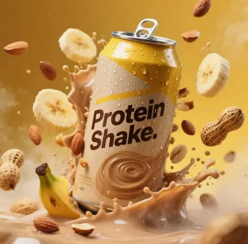 Hyper-realistic product advertisement of a protein shake can with