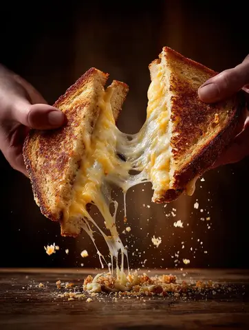 two hands pulling apart a grilled cheese sandwich, strands